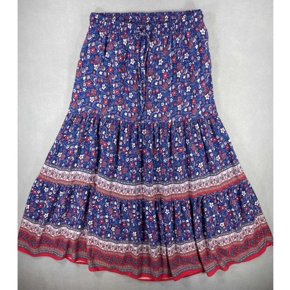 Knox Rose Womens Skirt Tiered Maxi Blue Floral Rayon S
